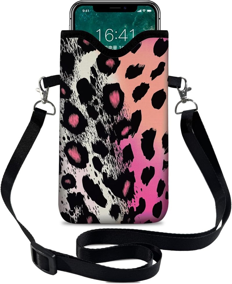 otilil Neoprene Cell Phone Sleeve Pouch Case Bag with Crossbody Strap Neck Lanyard for Women 7.1 X 3.9 in Pink Black - Image 1